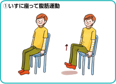 ①いすに座って腹筋運動