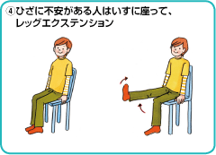 ④ひざに不安がある人はいすに座って、レッグエクステンション