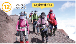 下山道は登山道と別ルート（六合目で合流）です。柔らかい砂質で埃をかぶってしまうため、マスクを着用しました。下りは思った以上に長く感じました。