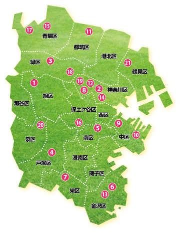 Map of comprehensive community sports clubs in Yokohama
