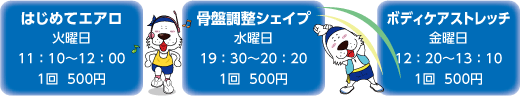 はじめてエアロ 火曜日 11：10〜12：00 1回  500円
骨盤調整シェイプ 水曜日 19：30〜20：20 1回  500円
ボディケアストレッチ 金曜日 12：20〜13：10 1回  500円